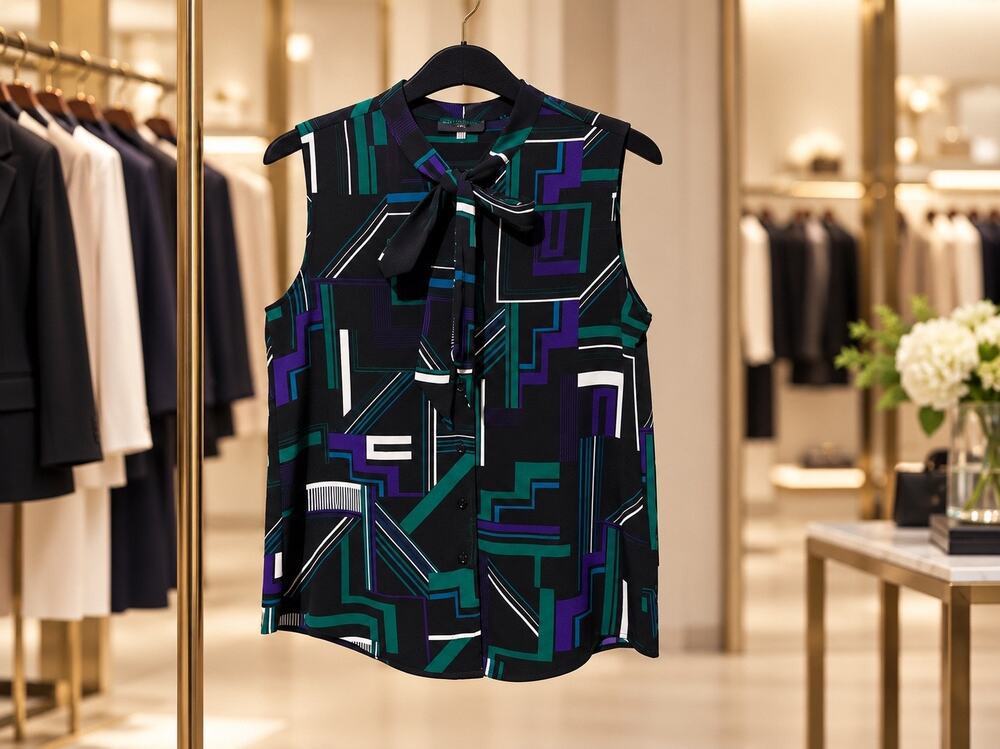 Karl Lagerfeld Multicolor V-Neck Tie-Front Sleeveless Blouse Button Front Logo